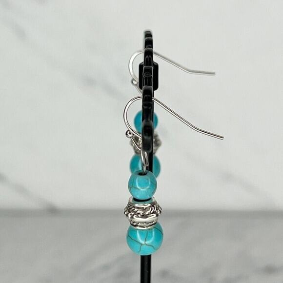 Silver Tone Faux Turquoise Beaded Dangle Earrings Pierced Pair - Picture 3 of 4